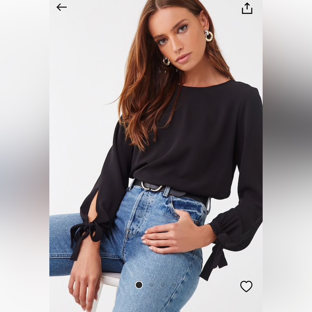 Black chiffon cropped long sleeve elastic waist top office tie sleeves